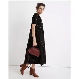 Madewell Black Cattail Tiered Amie Floral Short Sleeve Midi Dress M
